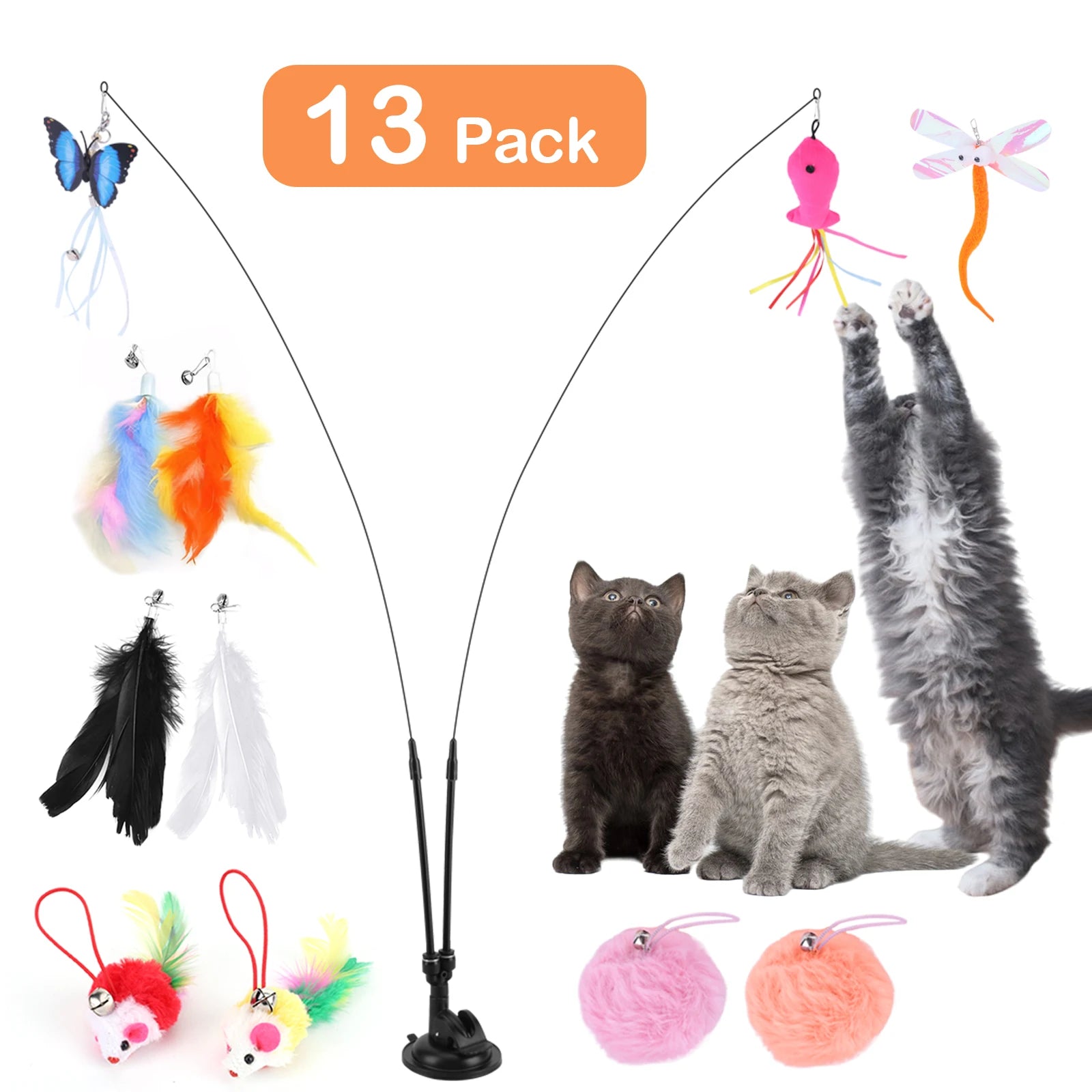 Cat Suction Cup Toy Set – Hands-Free Teaser Stick with Replacement Heads