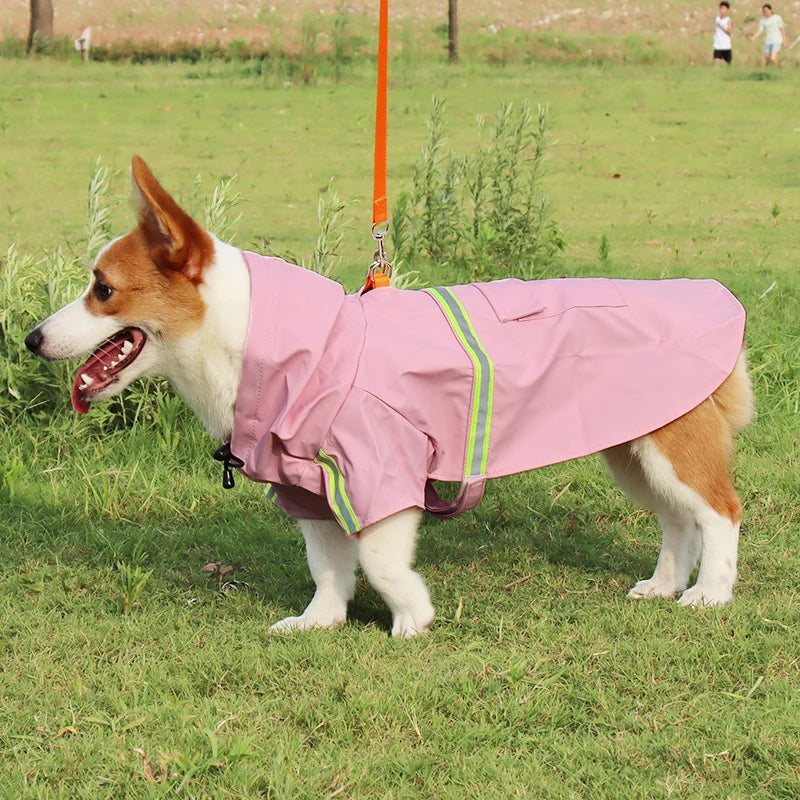 Large Dog Raincoat – Waterproof Hooded Corgi-Style Coat with Reflective Strips