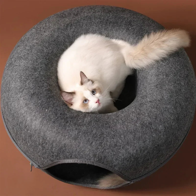 Felt Donut Cat & Dog Bed – 2-in-1 Hideaway Tunnel