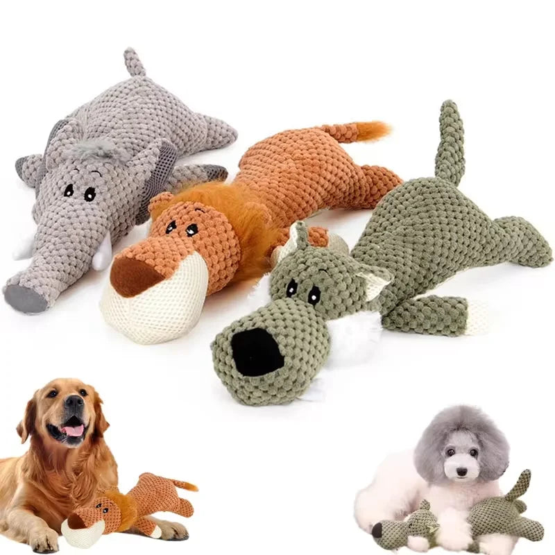 Plush Squeaky Dog Toy – Bite-Resistant Lion, Wolf & Elephant