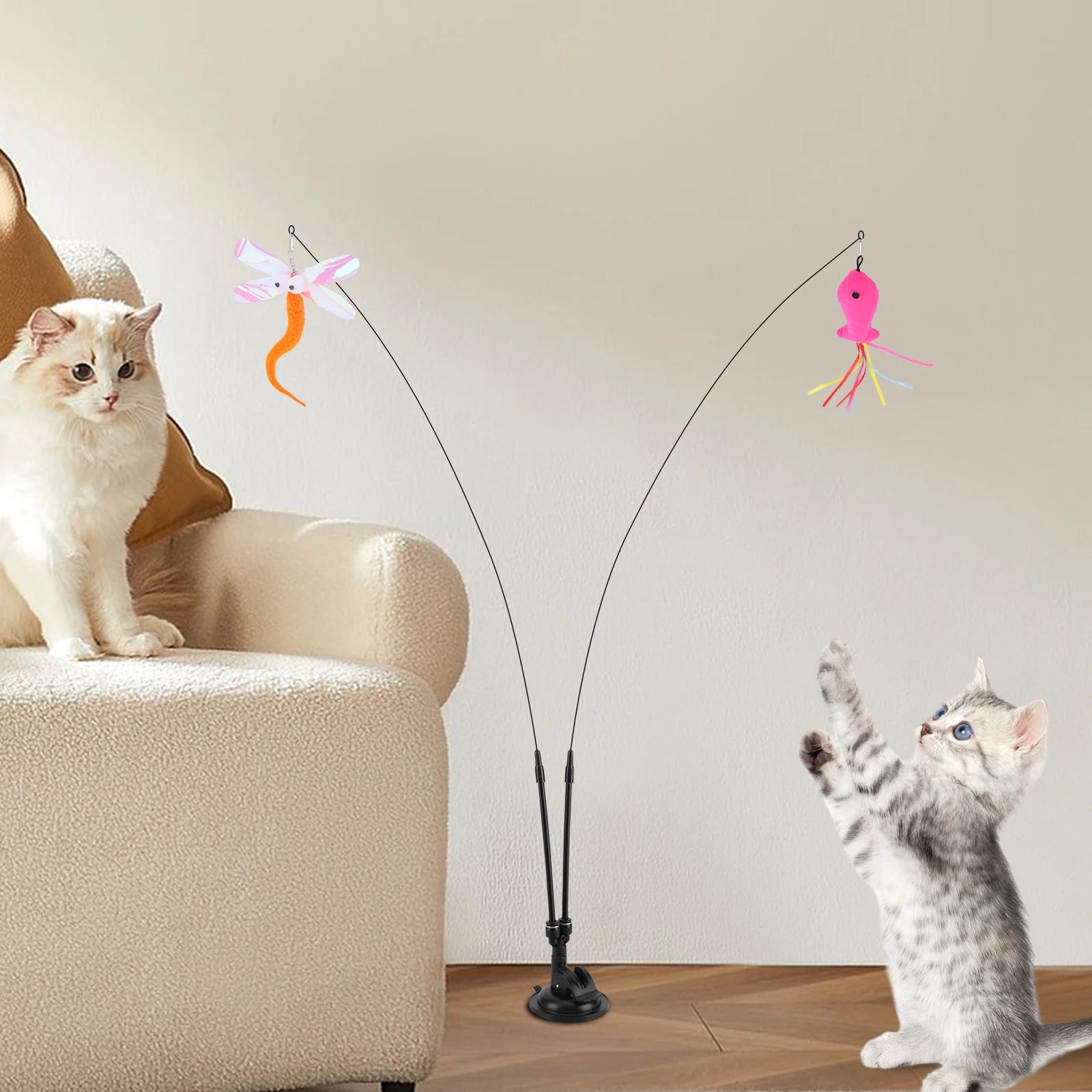 Cat Suction Cup Toy Set – Hands-Free Teaser Stick with Replacement Heads