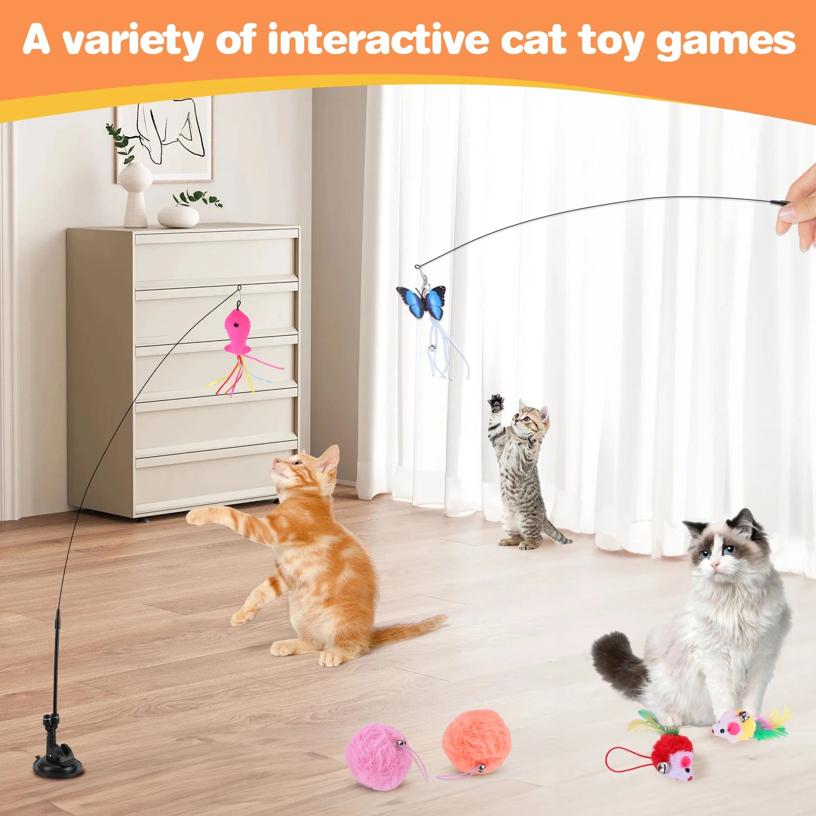 Cat Suction Cup Toy Set – Hands-Free Teaser Stick with Replacement Heads