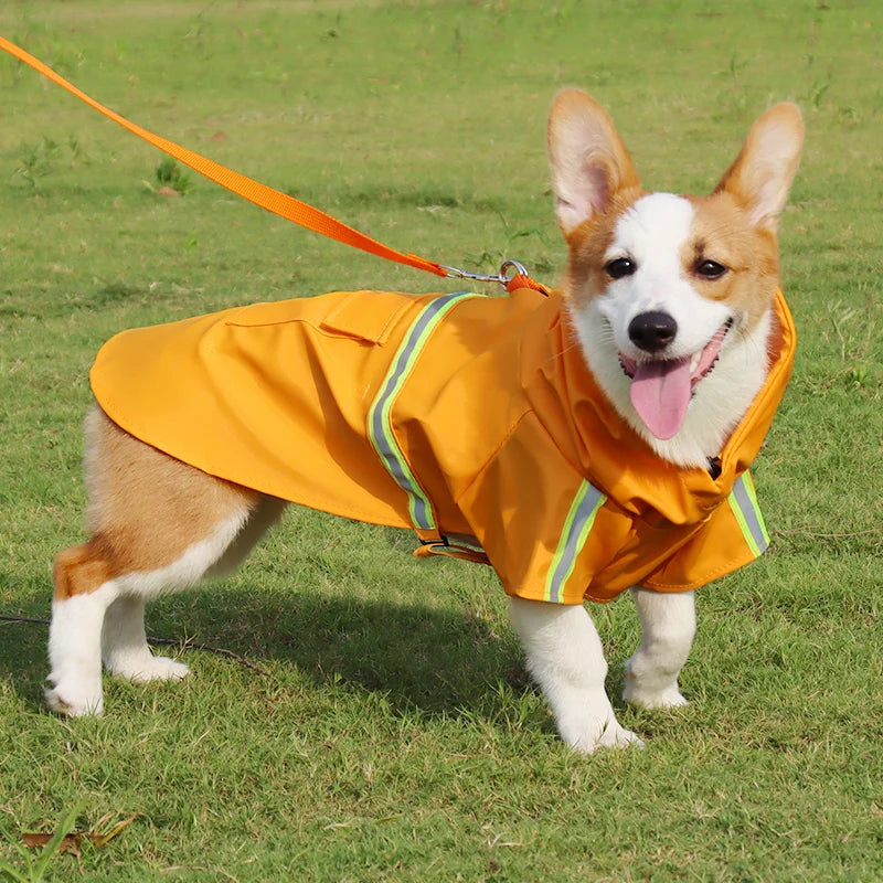 Large Dog Raincoat – Waterproof Hooded Corgi-Style Coat with Reflective Strips