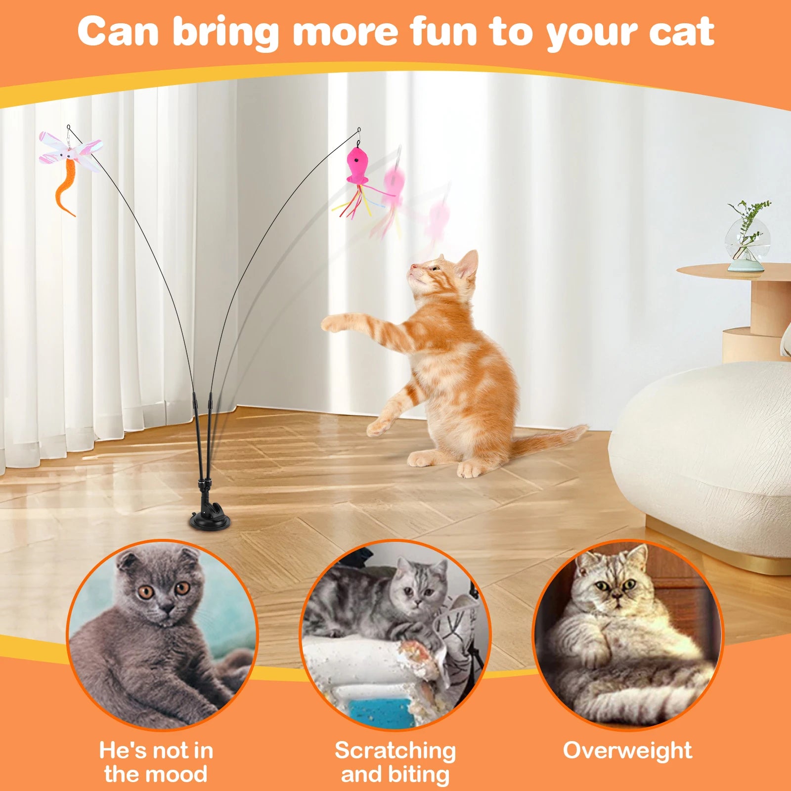 Cat Suction Cup Toy Set – Hands-Free Teaser Stick with Replacement Heads