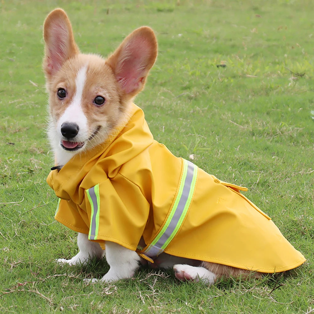 Large Dog Raincoat – Waterproof Hooded Corgi-Style Coat with Reflective Strips