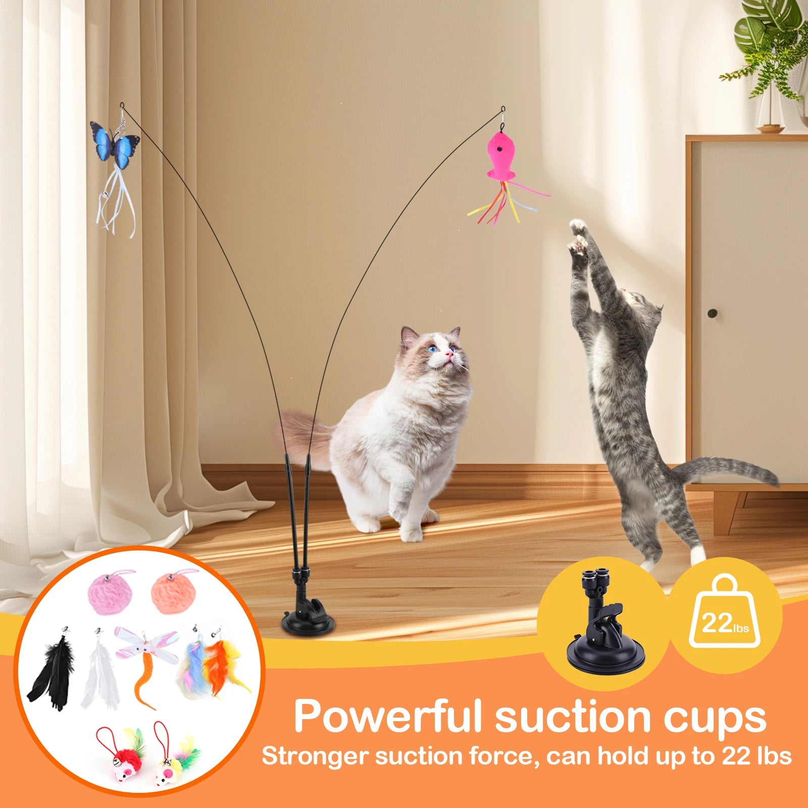 Cat Suction Cup Toy Set – Hands-Free Teaser Stick with Replacement Heads