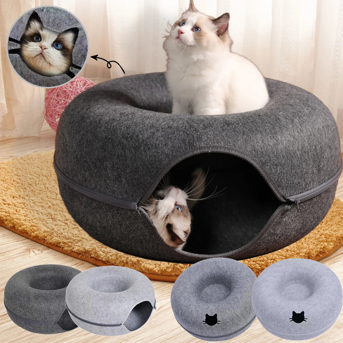 Felt Donut Cat & Dog Bed – 2-in-1 Hideaway Tunnel