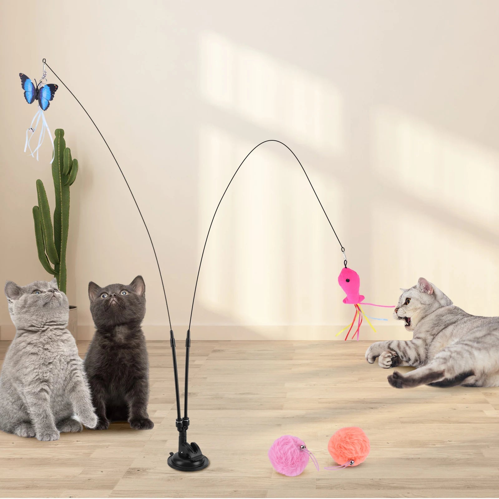 Cat Suction Cup Toy Set – Hands-Free Teaser Stick with Replacement Heads